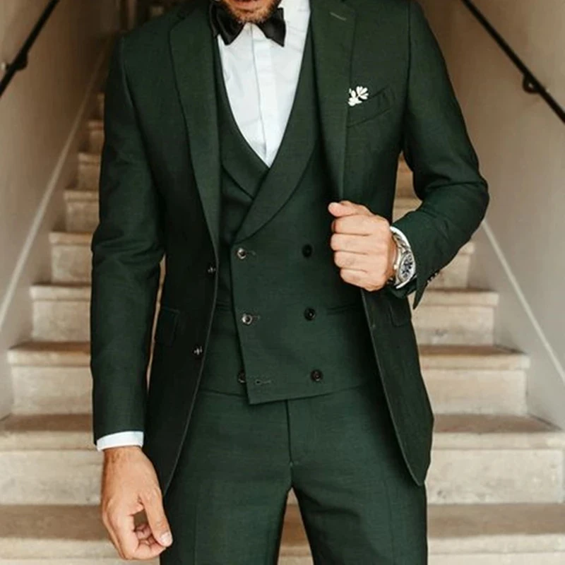 

Luxury Green Men Suits Tailor Made Slim Fit Groomsmen Wedding Dress Dinner Tuxedo Beach Party Suit for Men ( Jacket+Vest+Pants )