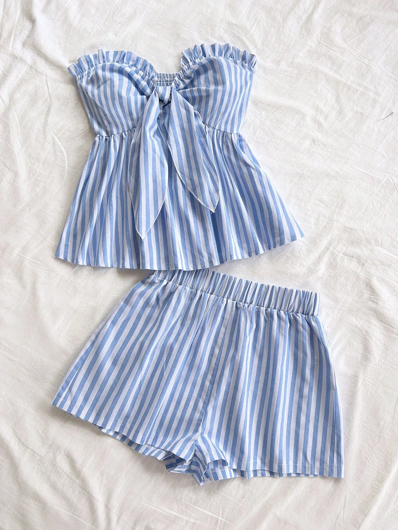 Blue And White Striped Set with Bow Waist Top And Casual Shorts Women's Preppy Style Outfit Two-Piece Ensemble - view 4