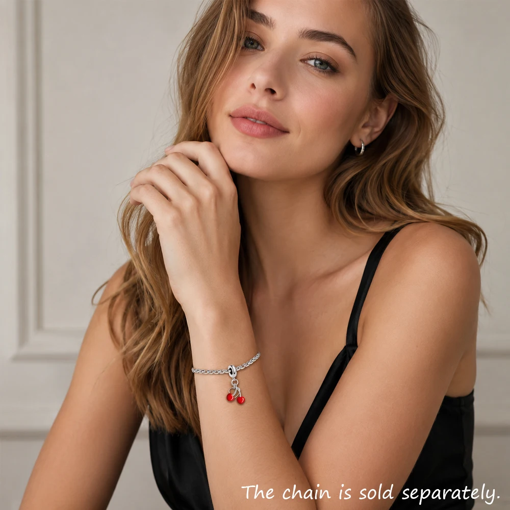 Kirschen mit Herz Anhänger Charm für Damen Sommer Brandneuer Süßer Schmuck 925 Sterling Silber Romantisches Liebesgeschenk – Detail 2