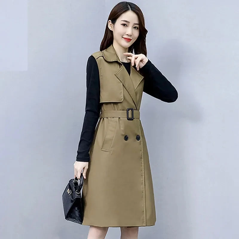 Women Tank Top Coat New Spring Autumn Jacket Korean Belt Solid Sleeveless Vest Long Windbreaker Female Waistcoat Outerwear 5XL