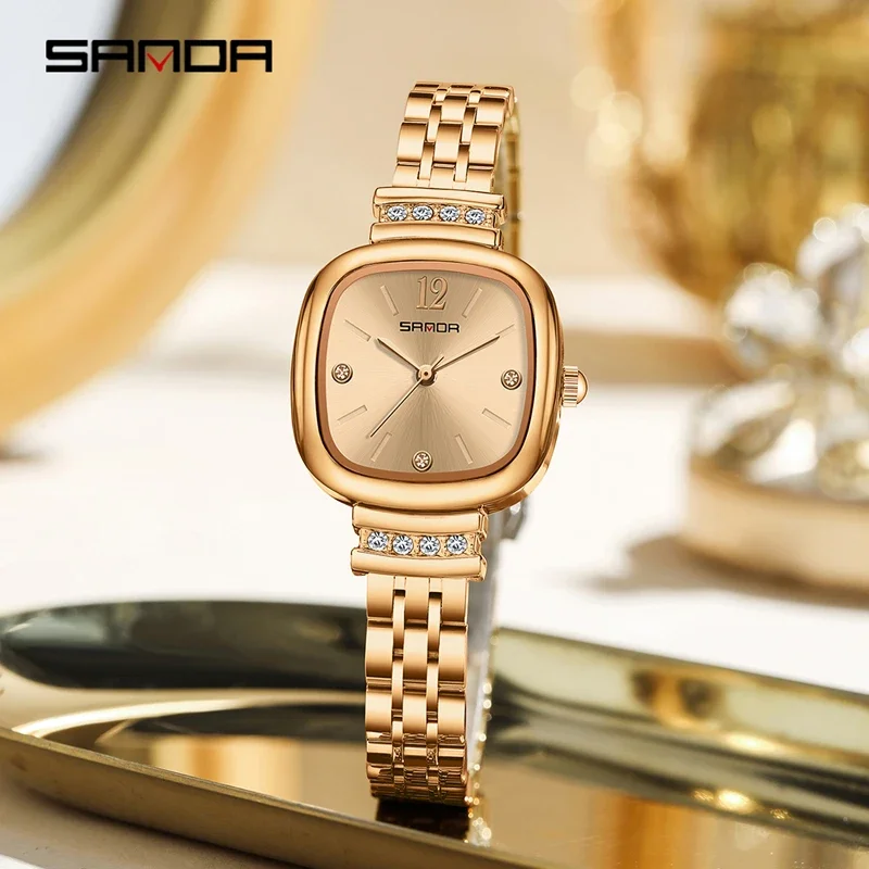 SANDA 브랜드 패션 작은 사각형 숙녀 시계 스테인레스 스틸 스트랩 쿼츠 손목 시계 여성용 패션 럭셔리 선물 시계