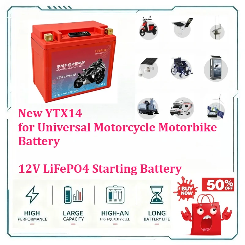 [New] YTX14 for Universal Motorcycle Motorbike Battery 12V LiFePO4 Starting Battery High Capacity Long Endurance Lithium Battery