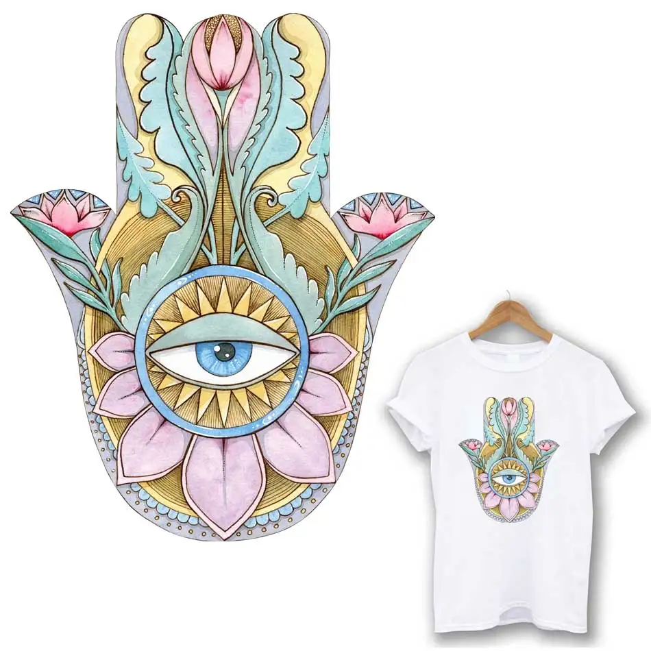 Hamsa Fatima Hand Iron-On Transfer For Clothing DIY Washable T-Shirts Hoodies Thermo Stickers Graceful Flowers Patches Appliqued