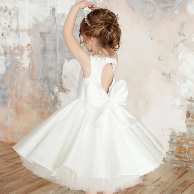 White Flower Girl Dresses Satin Solid With Big Bow Sleeveless For Wedding Birthday Party First Communion Gowns