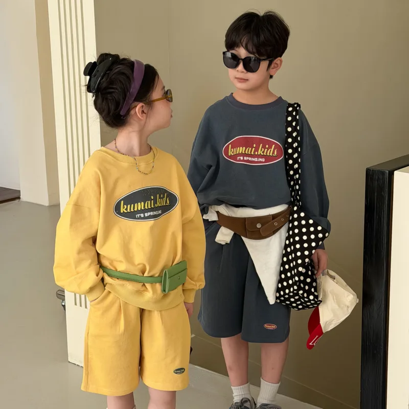 26 Spring Autumn Cotton Children 2piece Set Sporty Letter Print Boys Girls Kid Round Neck Pullover Shorts Pants 3-16 Year Outfit