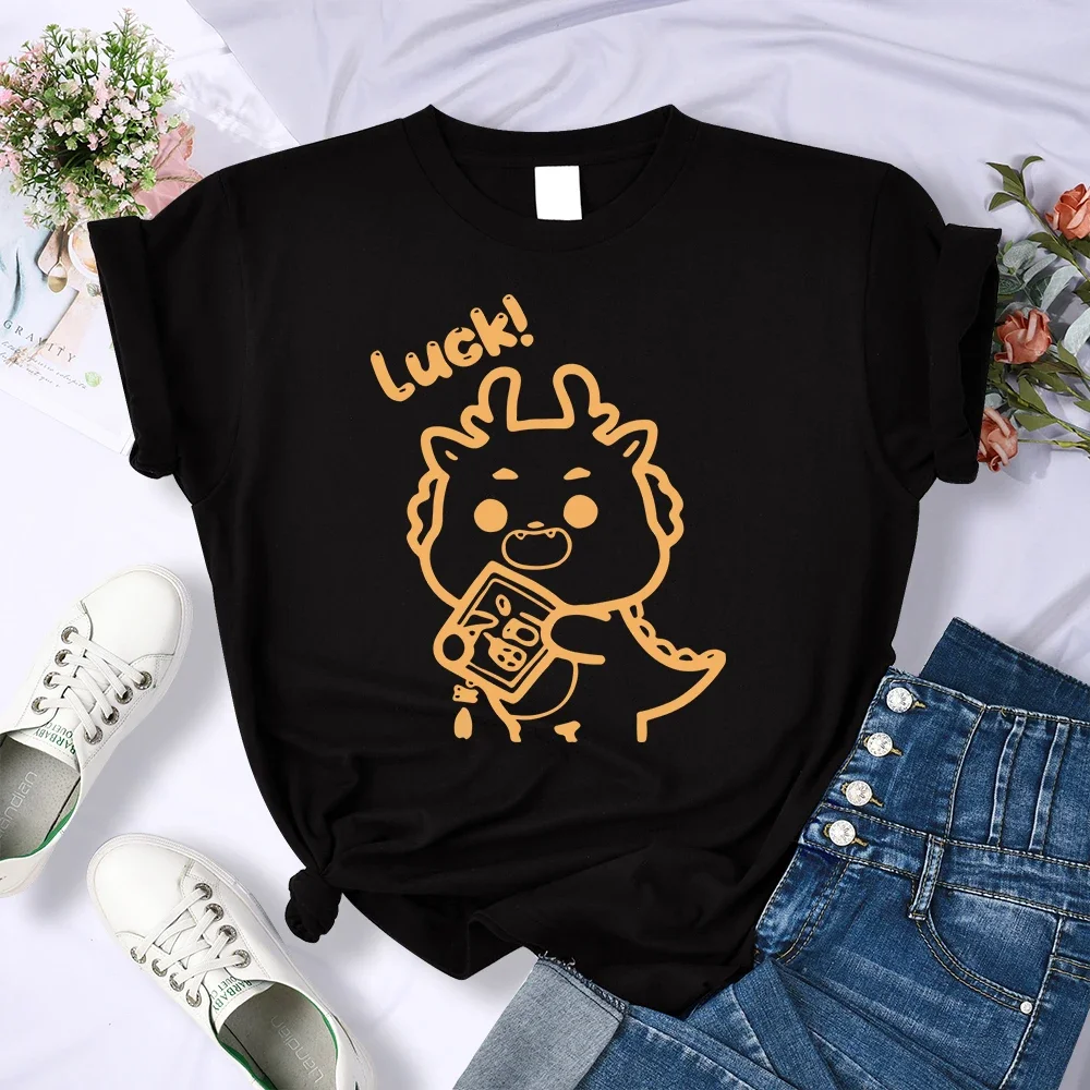 Women Fashion All-Match Tops Soft Street Hip Hop Tee Shirt O-Neck Casual Short Sleeve Cute Sketching Little Dragon Print T-Shirt