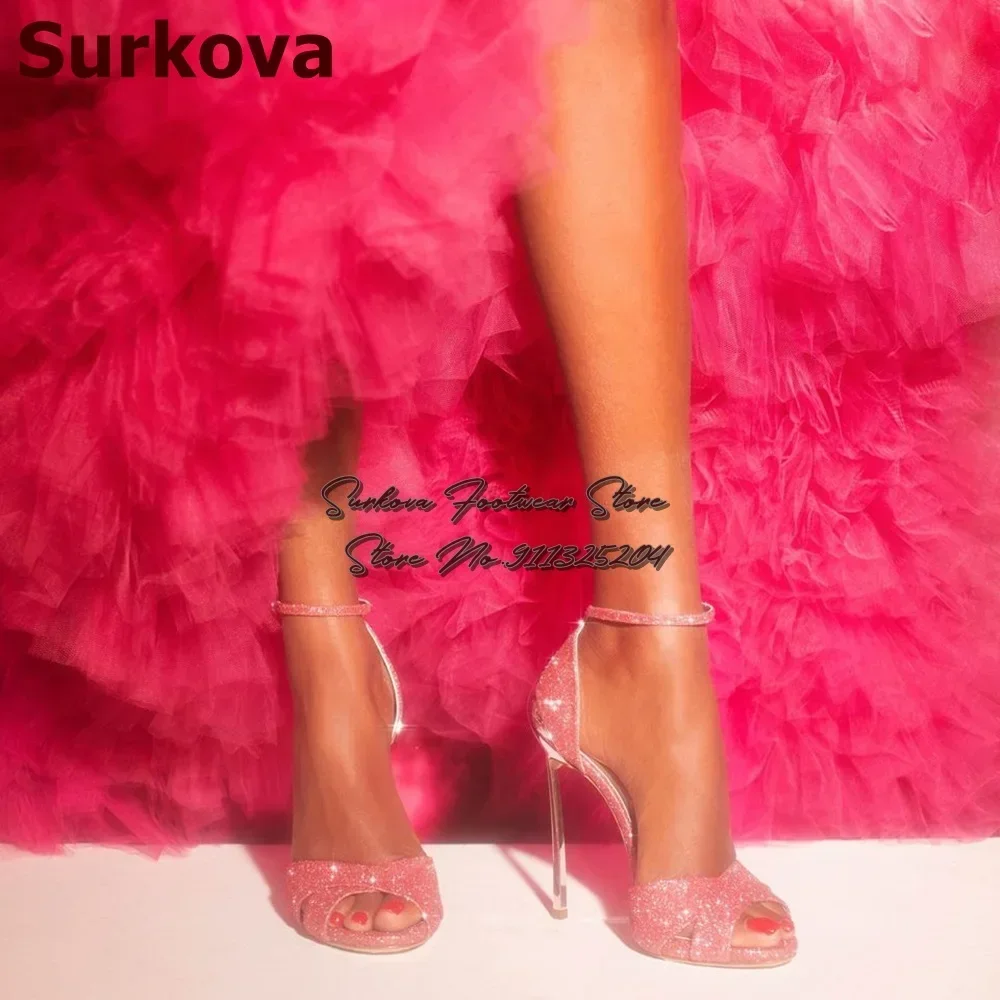 

Surkova Silver Metal Wine Glass Shaped Heel Sandals Pink Glitter Cross Band Wedding Shoes Blade Heels Sequined Dress Pumps