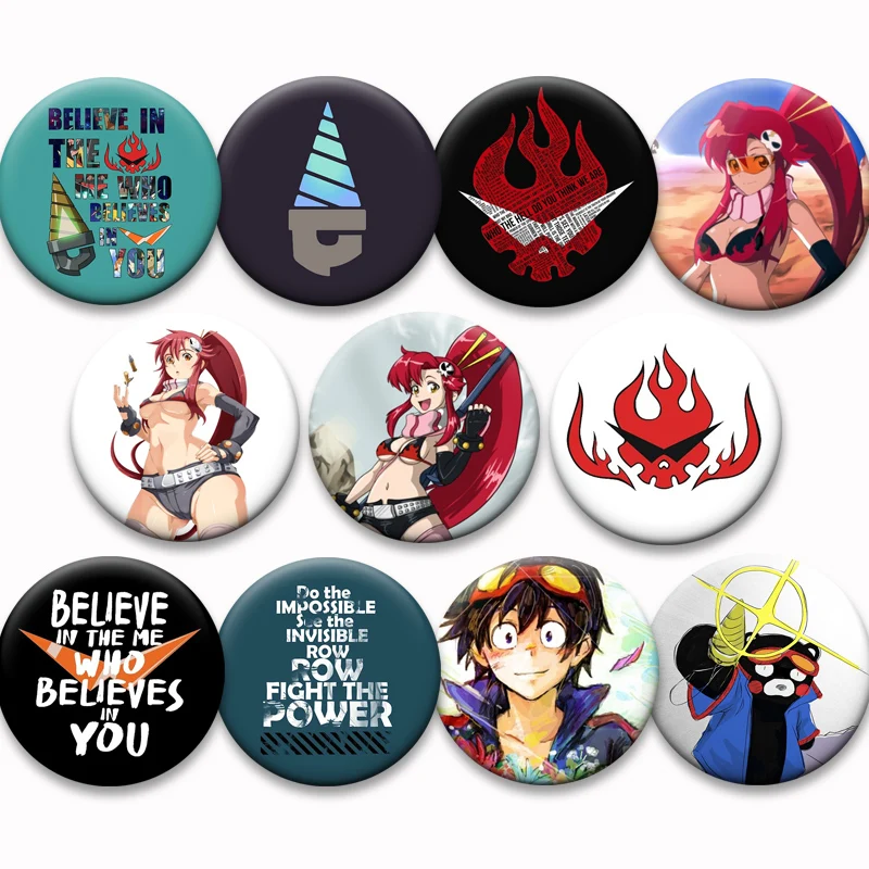 Exquisitos Broches Redondos de Anime Gurren Lagann, Pin de Simon, Yoko, Kamina, Nia Teppelin, Broches de Dibujos Animados para Mochilas, Accesorios y Regalos