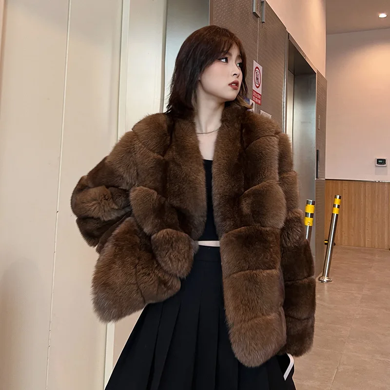 

Streetwear Women Faux Fox Fur Coats Winter Short Jackets High Quality Thicken Outerwear Sweet Girls Tops Brown Plush Fur Jackets