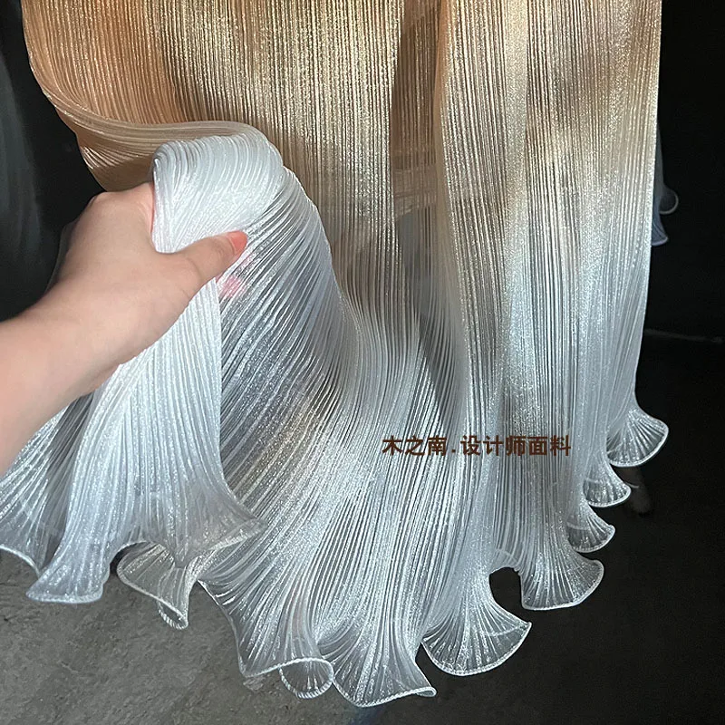 Gold Coffee Color Gradient Crushed Large Wavy Organza Fabric Pearlescent Dress Stage Performance Apparel Designer Sewing Cloth