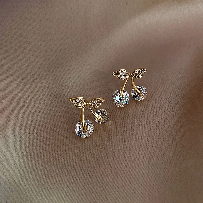 New Design Petite Cherry Delicate Stud Earrings For Women Lovely Cute Zircon Rhinestone Bow Bowknot Earring Usual Jewelry Gifts