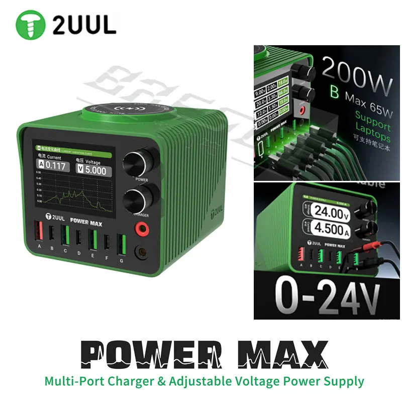 

2UUL Power Max PC01 Multi-Port Charger & Adjustable Voltage Power Supply for Mobile Phones PD Fast Charging Station Repair Tools