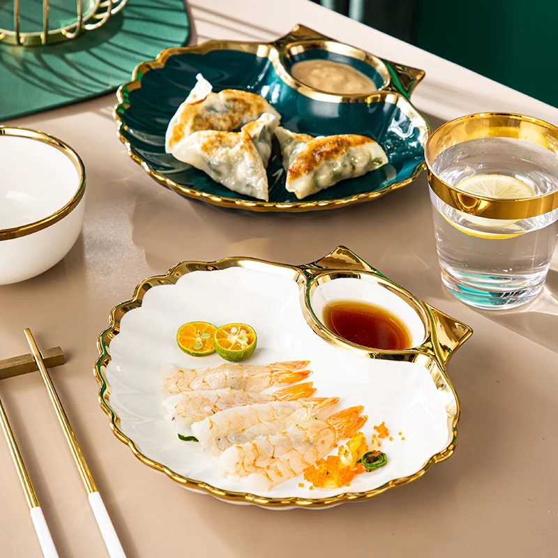 HOONRA 8 inch Creative Shell Dinner Plate Under-glazed Ceramic Dinner Dishes Dessert Tray Golden Edge Dinnerware Microwave Safe