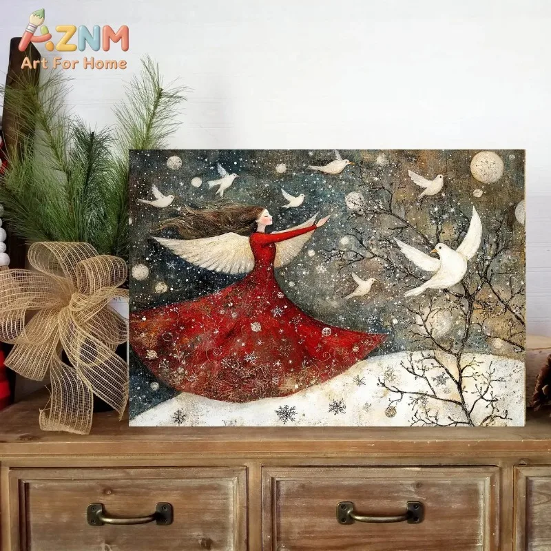 Whimsical Winged Angel White Doves Snow Winter Christmas Canvas Poster Prints Frameless Wall Art Festive Soft Warm Home Decorat
