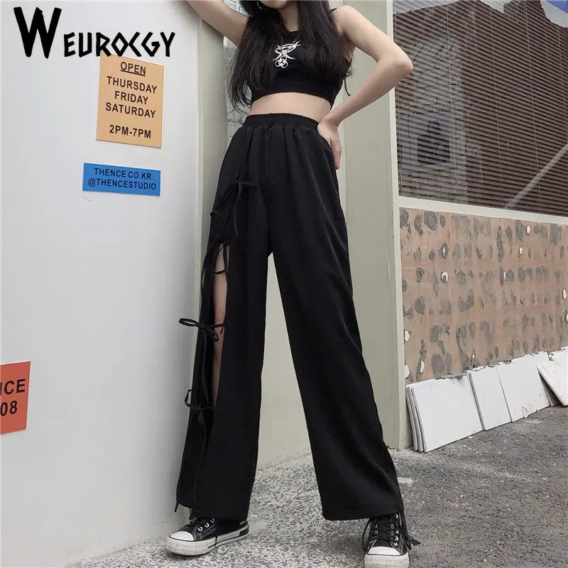 2023 Summer y2k Go Well With Everything Casual Loose Retro Split Bandage Women's Cargo Pants Women High Elastic Waist Streetwear