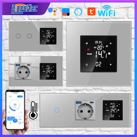 Wi-Fi 스마트 온도조절기 – LCD 터치 스크린 조명 스위치 및 벽 소켓, 온도 조절 기능이 포함된 전기 바닥 난방용 가정용 지능형 장치