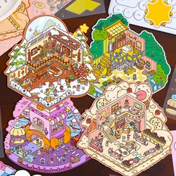 Happy Party 3D DIY Sticker Playable Cabin Scene Sticker Pocket Stacking Pasting Festival Birthday Xmas Gift for Kid Child