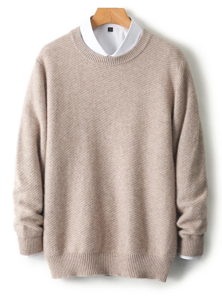 Men’s Casual Loose Autumn Winter Thick O-Neck Solid Pullover 100% Merino Wool Knitted Sweater Soft Warm Clothing Top