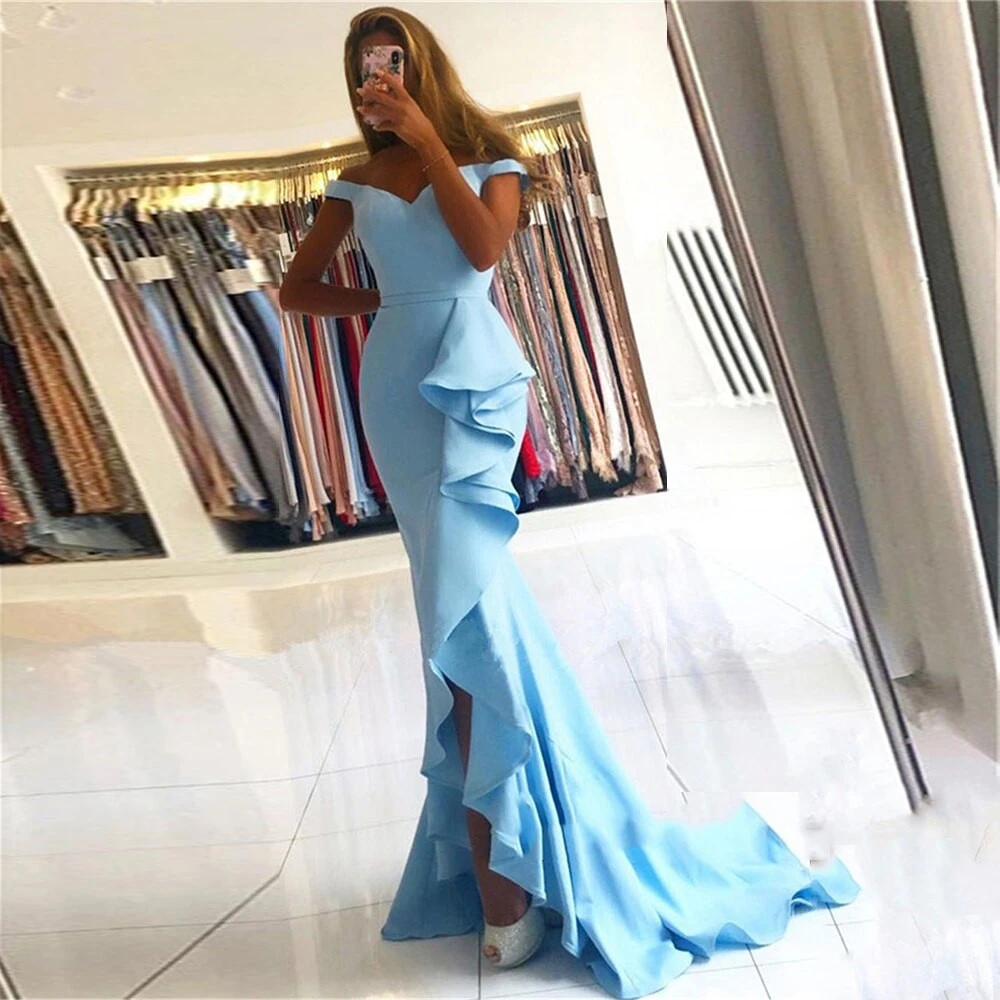 

Sexy Mermaid Evening Dresses 2022 Elegant Off the Shoulder Party Dress Sexy Ruffles Train Formal Prom Gowns 2022 Real Photo