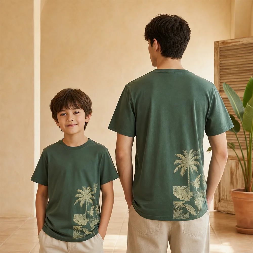 Tropical Palm Tree Print Breathable Short Sleeve T-Shirt for Summer Parent-Child Outfits British Summer Bank Holiday Beach Tops