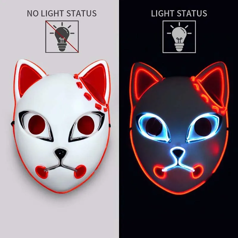 Glowing Demon Slayer Led Face Mask Anime Cosplay Prop Cat Face Fox Halloween Cold Light Flashing Mask Party Costume