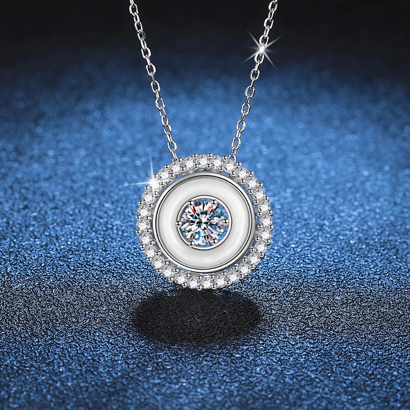 Natural white mother of pearl double circle moissanite pendant, 0.5 carat moissanite silver necklace, platinum PT950 imprint