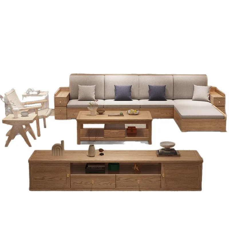 

Ash wood fabric winter and summer concubine living room advanced new Chinese log storage sofa solid wood sofa combination