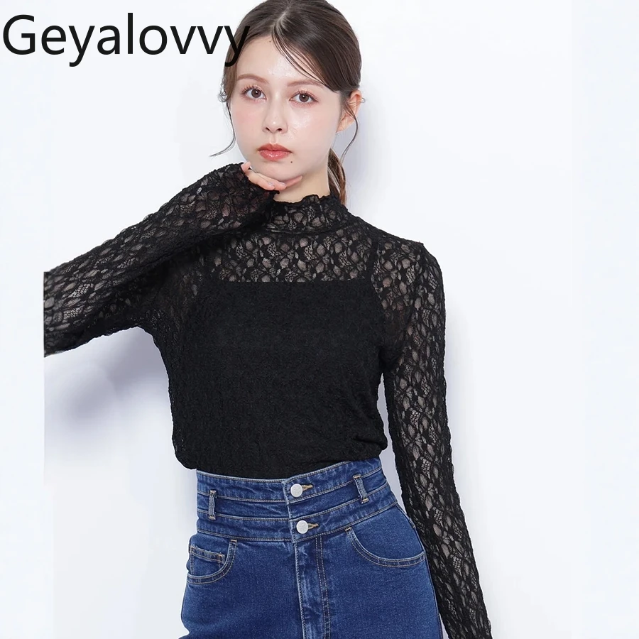

Japanese Style Sweet Ruffled Long Sleeve Tops for Women Stretch Lace Half Turtleneck T-Shirt Base Shirt Two-Piece Set Autumn