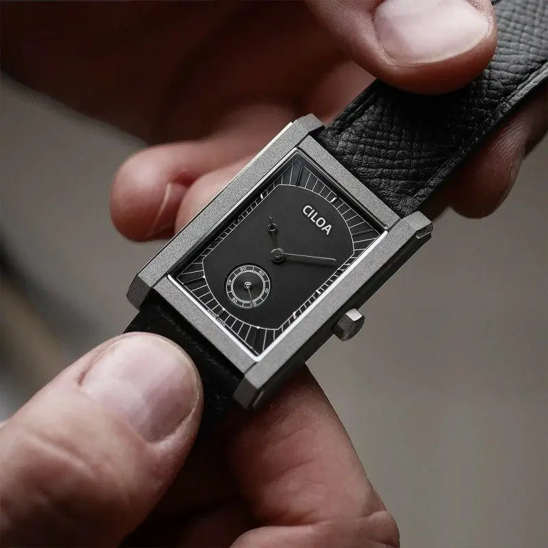 Retro Rectangle Men Quartz Watch Silver Case Black Leather Strap Small Second Dial Casual Business Wrist Watch Gift