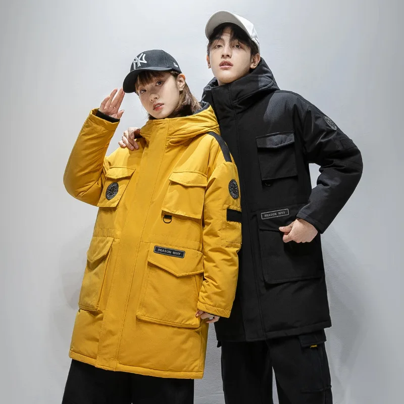 New Arrival Korean Style Men's Long White Duck Down Jackets Men Winter Warm Hooded Multi Pockets Thickened Outerwear JK-066