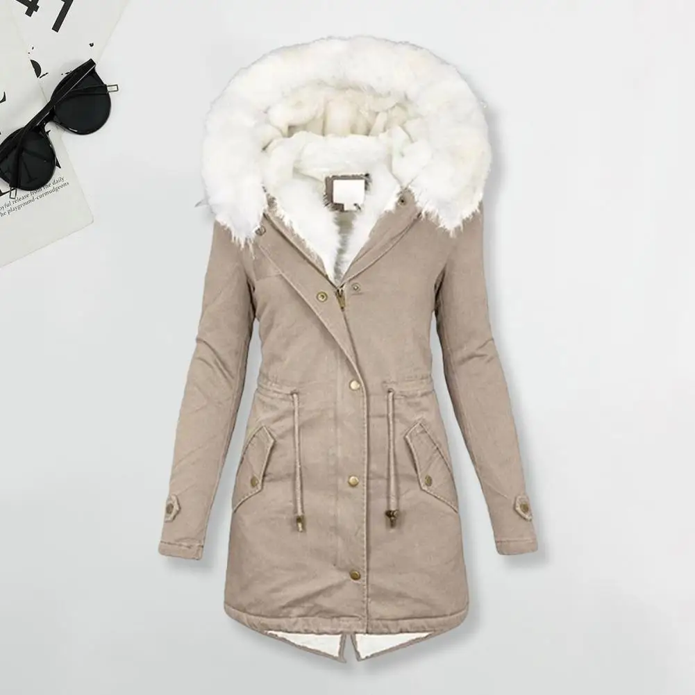 Winter Cotton Coat Plus Size Artificial Fur Hat Wool Lined Zipper Jacket Windproof Length Slim Winter Coat