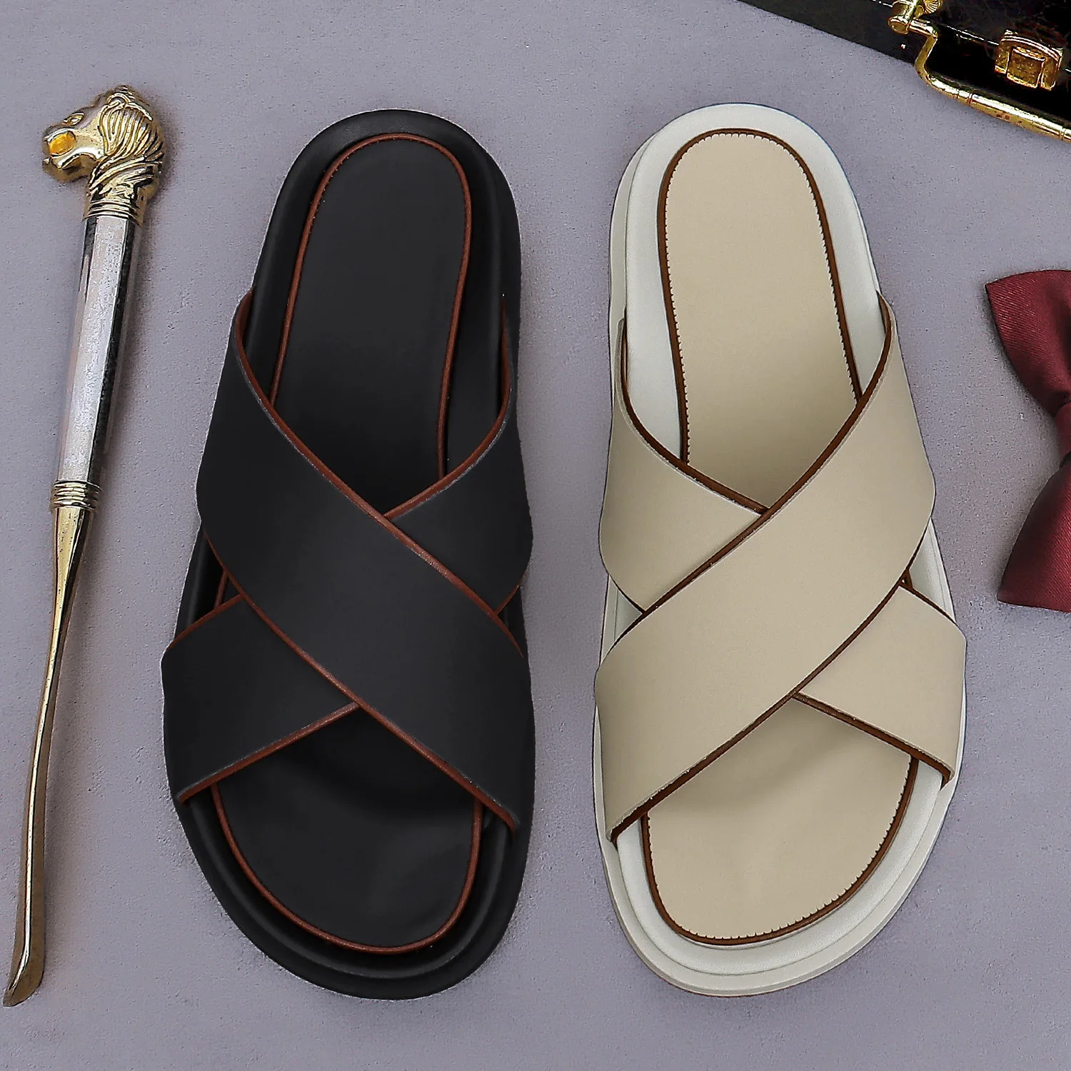 Men's Genuine Leather Cross Slide Sandals for Summer Beach Vacation Open-Toe Rubber Sole Slippers for Casual Urban Daily Wear