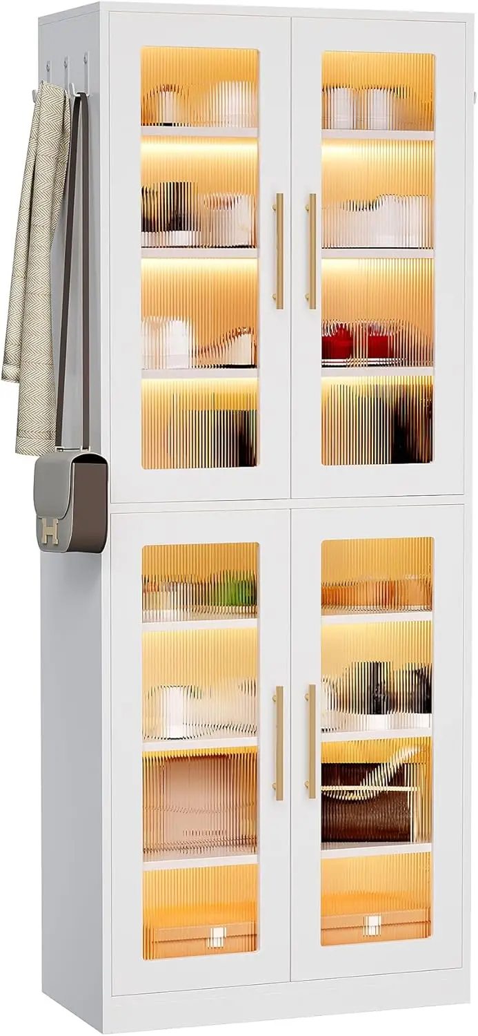 

Stylish 8-Tier Vertical Shoe Rack with Built-in LED Lighting, Doors for Dust Protection, and Convenient External Hooks,