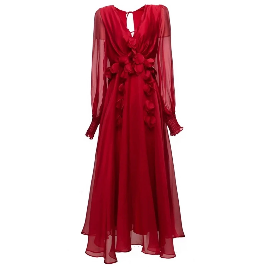 

Doris Fanny Vintage Flower Spliced V-Neck Dress for Women Latern Sleeve Dresses 2024 Spring Summer New Clothing