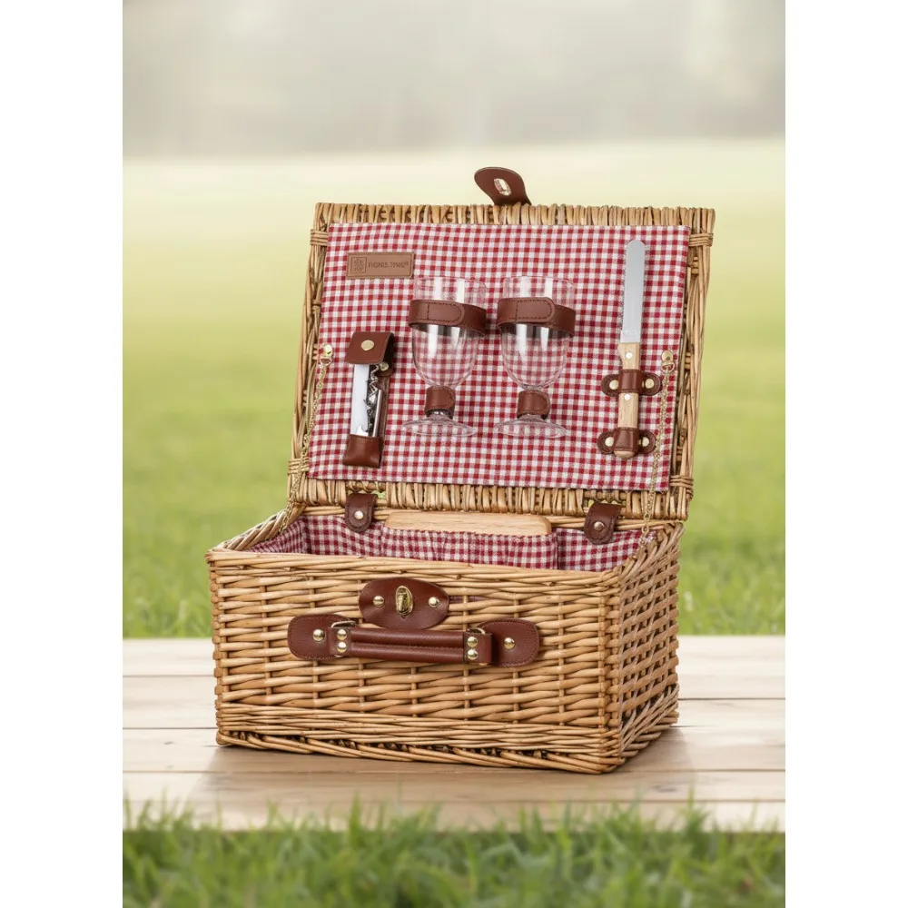 

Romantic Wine & Cheese Picnic Basket Set for Couples, 2-Person Outdoor Dining with Gingham Pattern