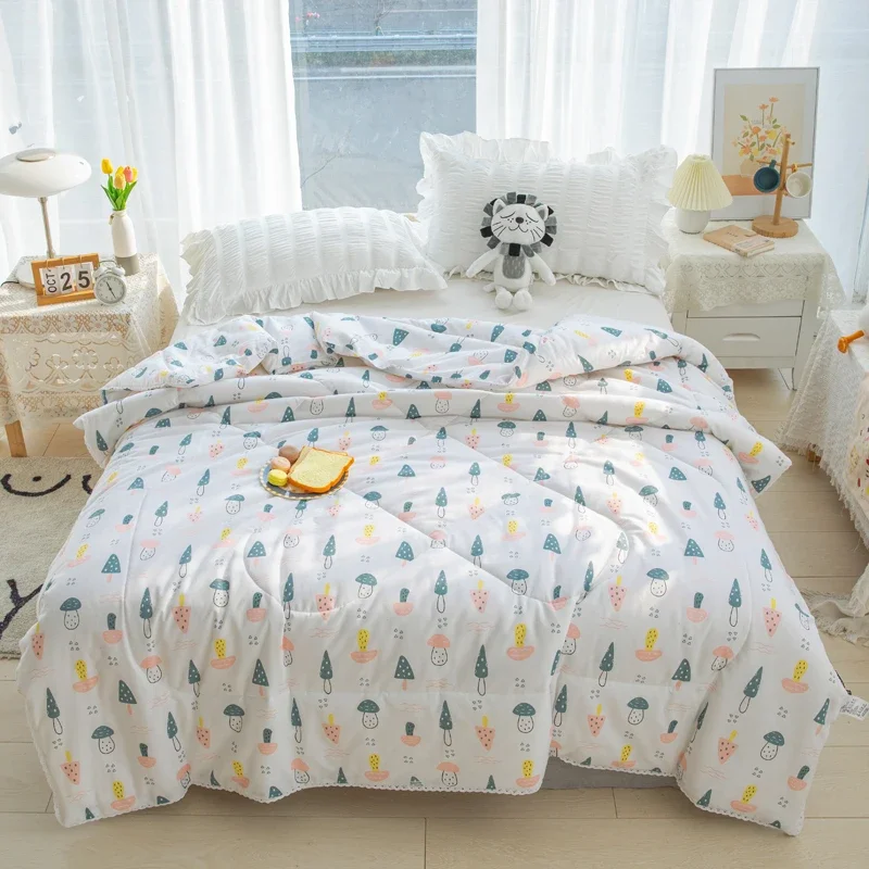 

Mushrooms Printed Summer Quilt Pure Cotton Bedding Blankets Air Conditioner Quilts Soft Skin-friendly Thin Comforter for Kids