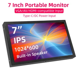 Pantalla portátil de 7 pulgadas, 1024x600 IPS LCD, compatible con HDMI, entrada VGA AV, Monitor de potencia CC tipo C para PC, portátil, cámara, TV Box RPI