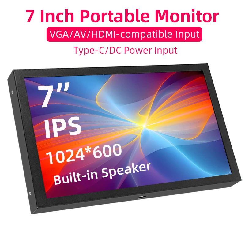 PC 노트북 카메라 TV 박스 RPI용 휴대용 화면, HDMI 호환 VGA AV 입력 DC C타입 전원 모니터, 1024x600 IPS LCD, 7 인치 