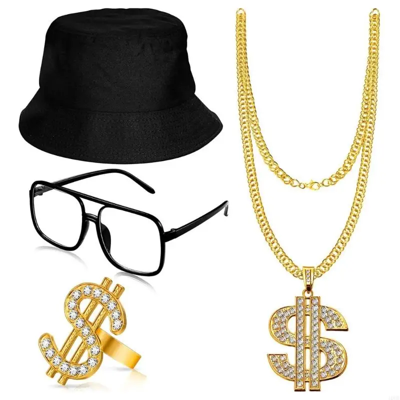 Hip Hop Kostüm 80er 90er Cosplay -Outfit Juwely Cool Rapper Accessoires für Frauen Männer Goldkette Sonnenbrillen Ringe