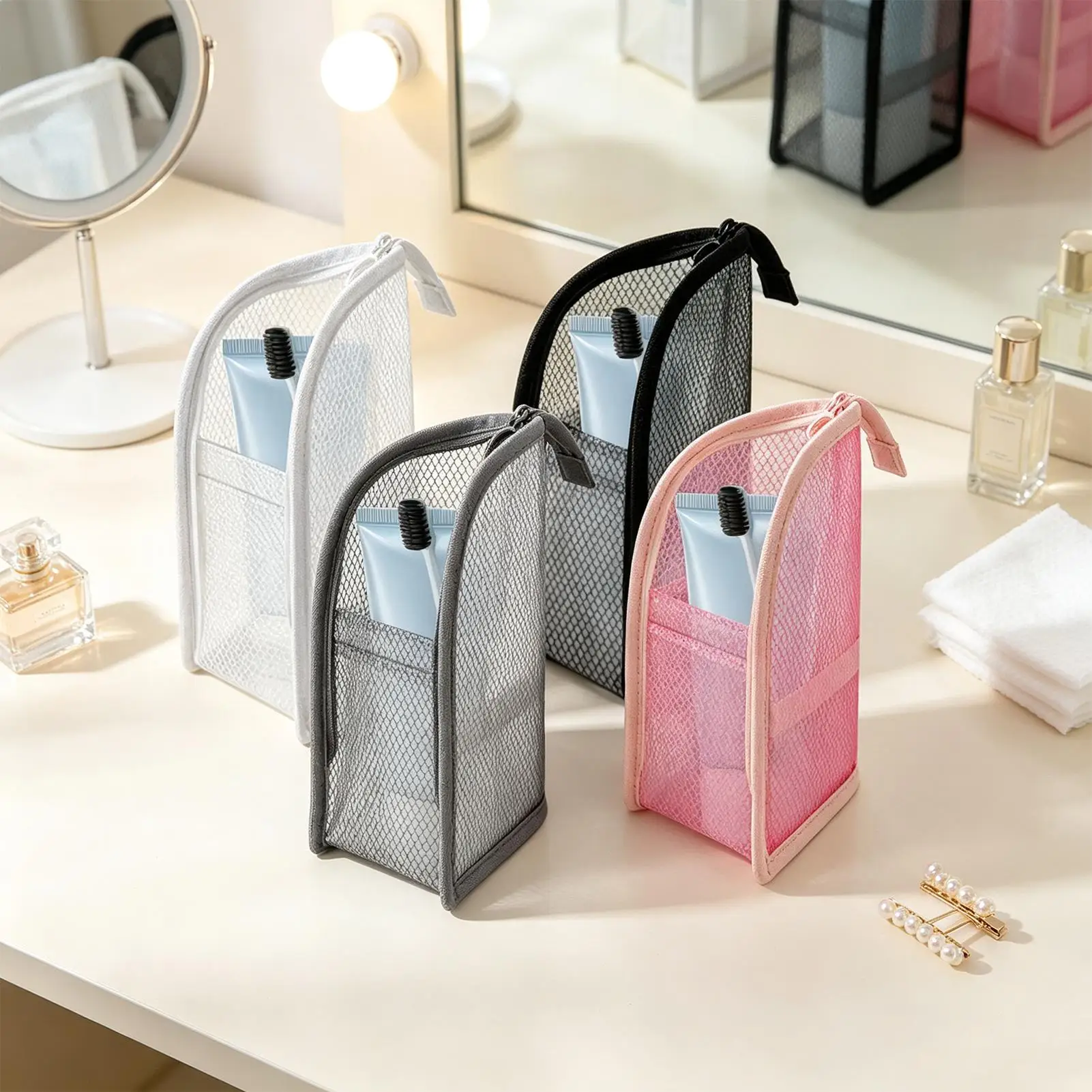 4Pcs EVA Mesh Cosmetic Bag Travel Stand Storage Makeup Bag Organizer Female Make Up Pouch Portable Toiletry Beauty Case