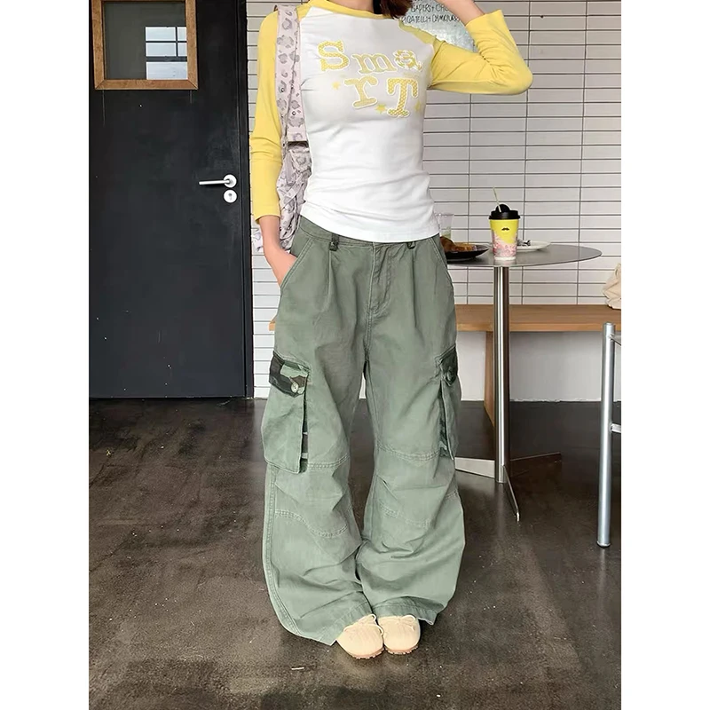 YIBASHU Women's Gothic Y2k Green Jeans Vintage Hiphop Grunge American Cargo Jeans Pants Baggy Boyfriend Wide Leg Denim Pants