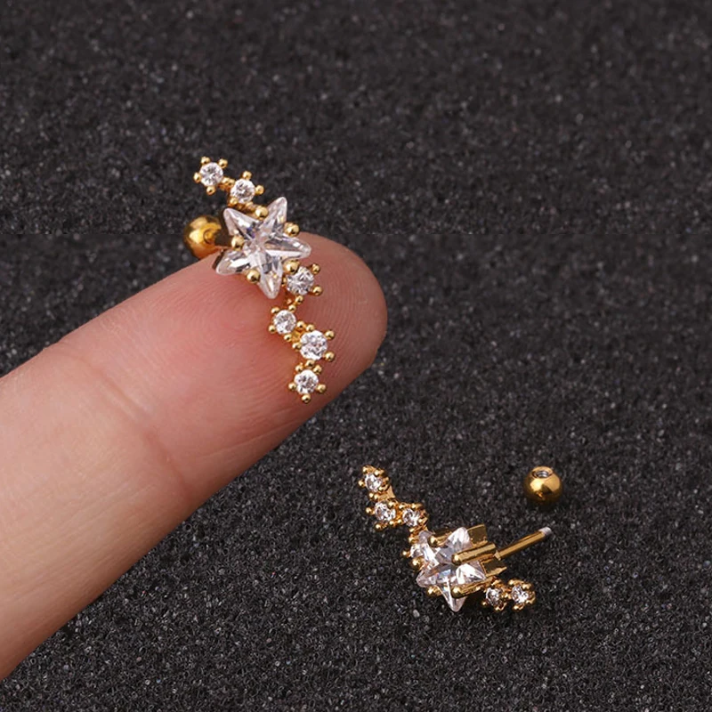 

1 pcs Small Copper Zircon Star Shape Ear Cartilage Piercing Stud Earring Cute Gold Color Screw Helix Bar Cuff Jewelry Wholesale