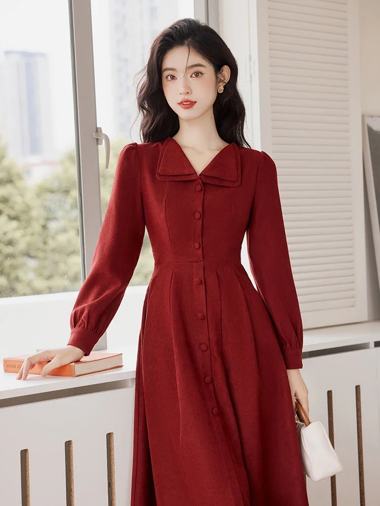 French Style Long Sleeve Dresses for Women\'s Vintage Double Layer Lapel Chic Dress Autumn/Winter Korean Fashion Casual Vestidos