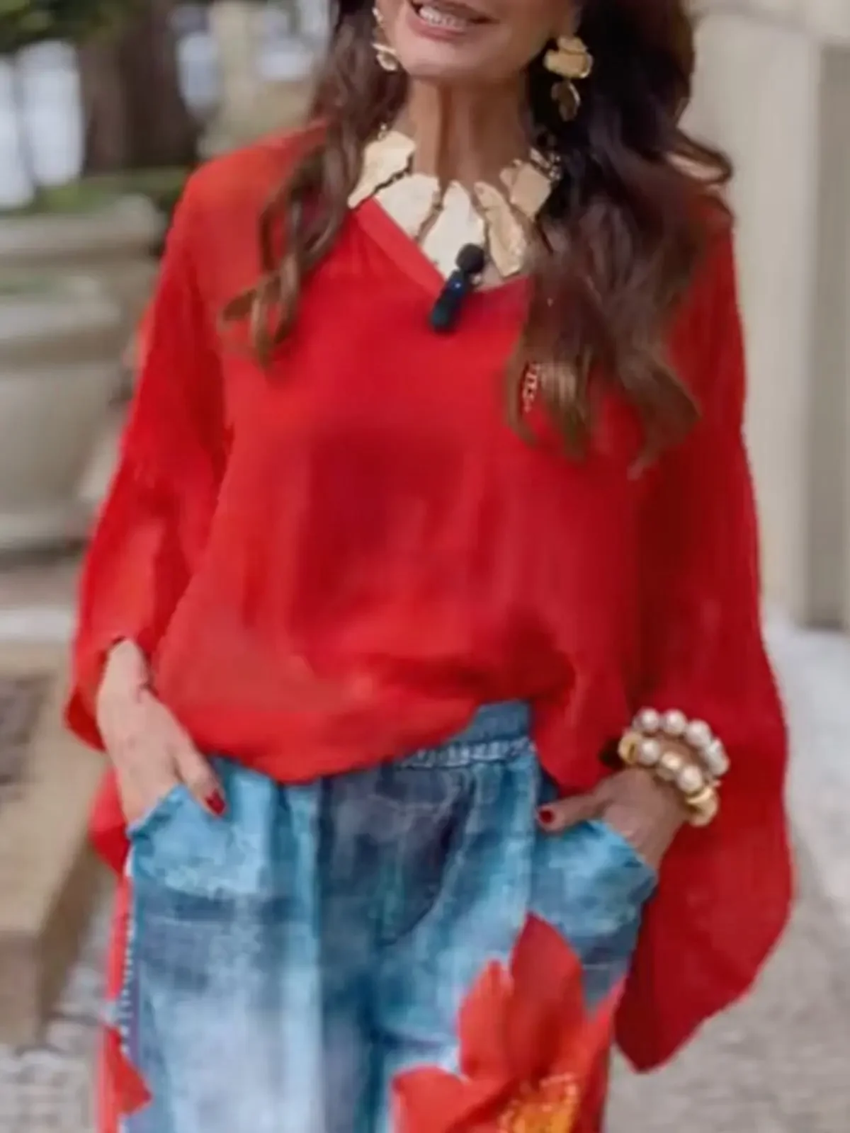 

Women Vintage Red Blouse Shirt V-Neck Long Sleeve Fashion Mesh Thin Shirt Spring Summer Casual Loose Ethnic Chic Tops 2025