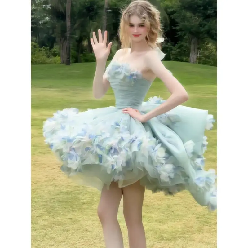 New Classic Strapless Evening Dress Sweet Wedding Dress Flower Small Adult Gift Sexy Long Princess Puff Skirt Customized