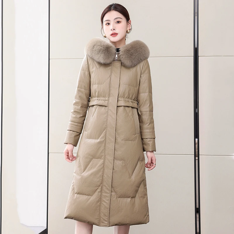 

New Women Winter Long Leather Down Coat Fashion Warm Hooded Fox Fur Collar Drawstring Sheepskin Down Overcoat Split Leather