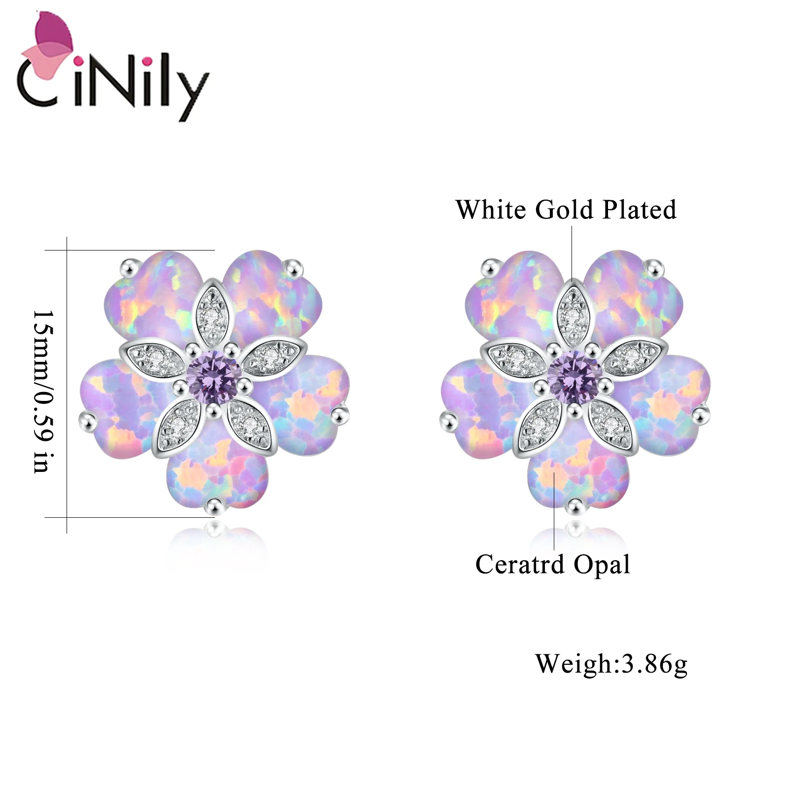 CiNily Purple Fire Opal Stone Stud Earrings for Women Girl Silver Plated Flower Shaped Earring Flora Summer Bohemia Boho Jewelry