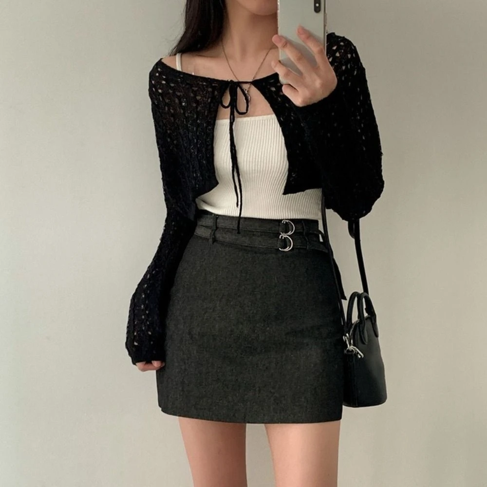 

All Match Simple Crochet Cardigan Women See Through Breathable Long Sleeved Crop Top Beach Wear Shawl Lace Up Cardigan Summer