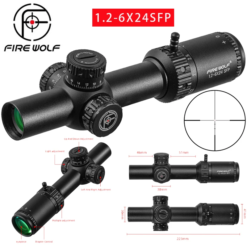 

FIRE WOLF 1.2-6X24 IR SFP Compact Scope Mil Dot Red&Green Illuminated Tactical Riflescope Lock Reset Hunting Optical Sight