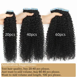 Jet Black Afro Kinky Curly Tape In Human Hair Extensions for Chocolate Women Tape Ins Hair Extension  Tape on For Salon 20pcs
